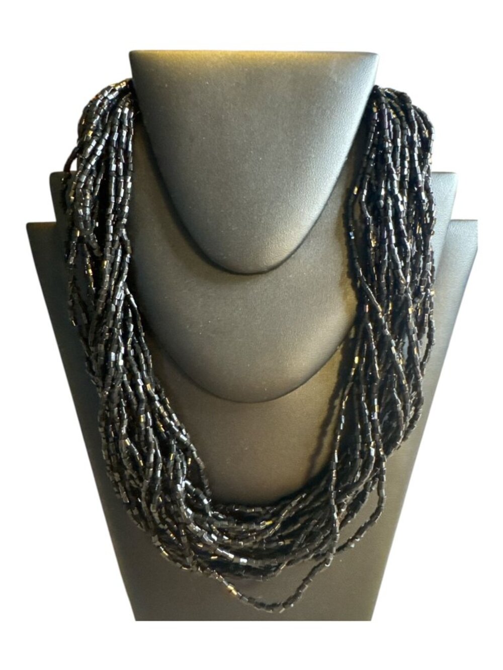 Multi-Strand Black Beaded Necklace With Adjustable Chain Clasp - Layered Stateme